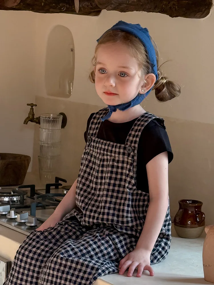 2025 Spring New Children Plaid Overalls Cotton Boys Thin Casual Pants Breathable Baby Girls Loose Strap Trousers Kids Clothes