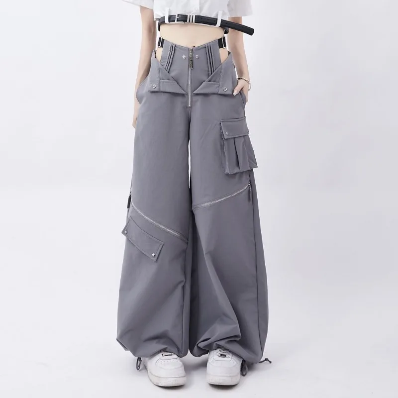 Multi Functional Zipper Large Pocket Design Drawstring Casual Trousers for Female Summer Casual Original Gray Retro Cargo Pants