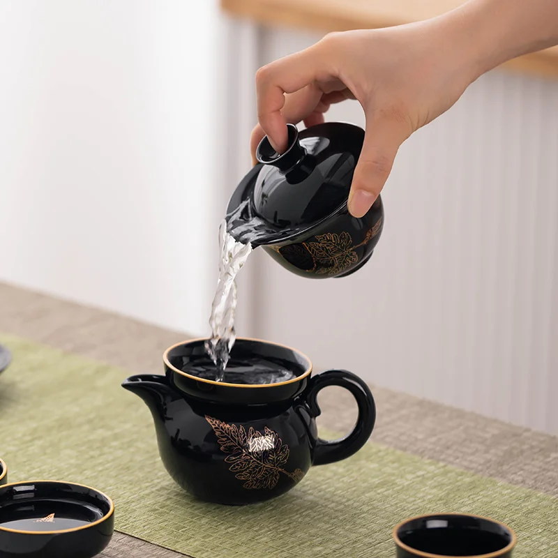 Kung Fu Tea Set for 6 People Household Chinese Style Black Gold Glazed Ceramic Tea Set Drinking Utensils Tea Pot Gaiwan Teacup
