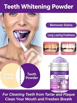 Polvere sbiancante per denti 9D White. Formula Illuminante Viola. Applicare il pennello 2-3 minuti al giorno. Sbianca e pulisce i denti. Alito Fresco.