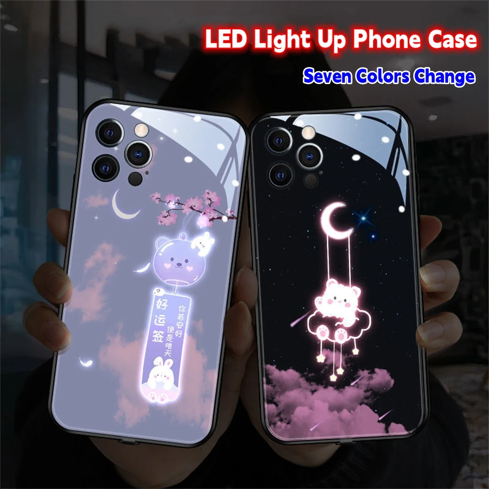 Cute Milk Tea Bear Cat Dog Bunny Led Light Up Cover In Vetro Temperato Per Xiaomi 13 12 11 Pro Ultra Redmi K60 K50 K40 Poco F3
