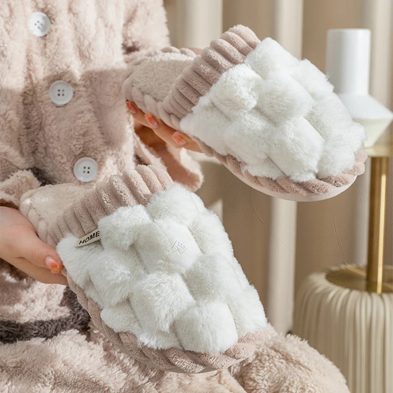 Soft Fuzzy Home Cotton Slippers for Women Soft Sole Thick Plush Warm Fur Slippers Woman Flat Heel Casual House Shoes Couples
