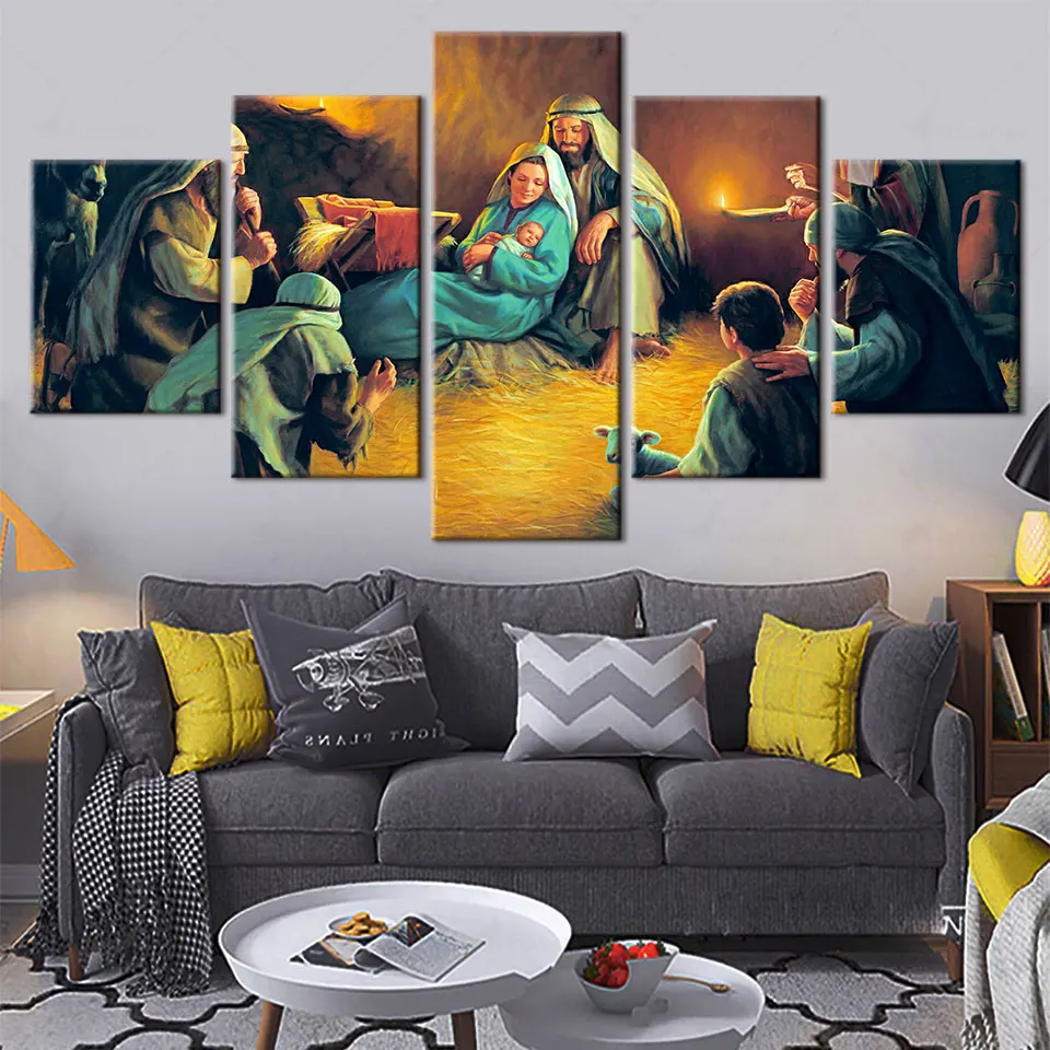 

Artsailing Religion Christian Canvas Jesus was Born The Father And The Virgin Painting 5 Piece Home Decor Pictures Artwork Frame