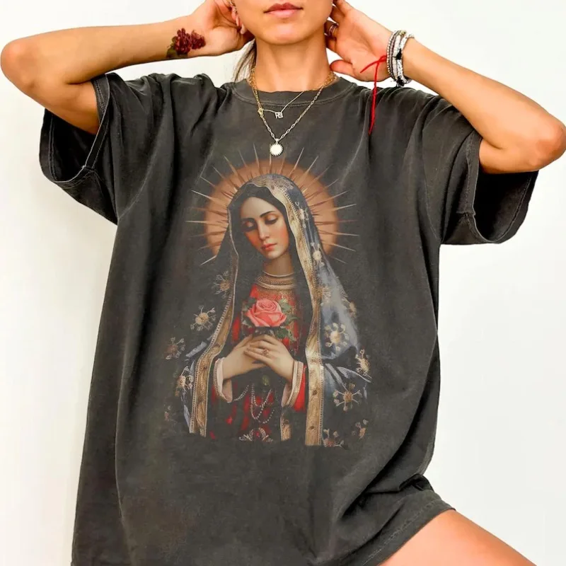 Damen Vintage Jungfrau Maria T-Shirt Herren T-Shirt Unisex Vintage Übergroß Lose Kurzarm Streetwear Ganzjahres Harajuku Lose Top