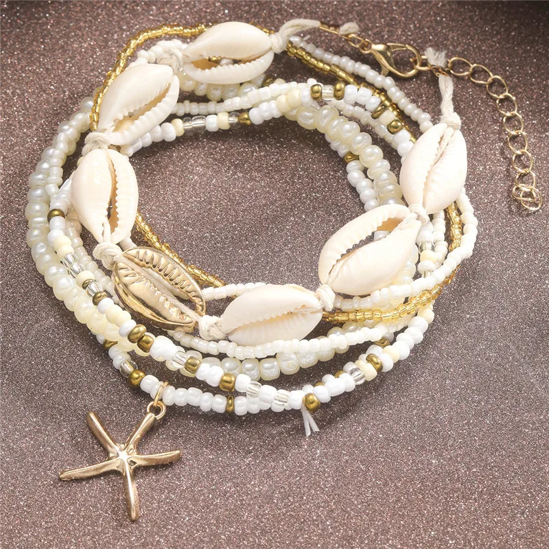 Beads Anklet Starfish Pearl Chain Set For Women Fashion Accessories
