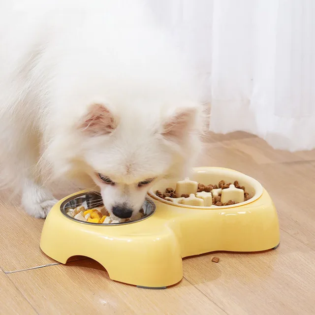 2-in-1 Pet Slow Feeder Bowl with Double Stainless Steel Bowls - Anti-Choking Food & Water Bowl for Dogs/Cats, 4