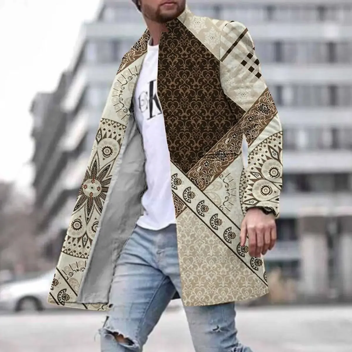 new spring print new men's street youth woolen stand collar medium length pocket casual coat trench coat men techwear