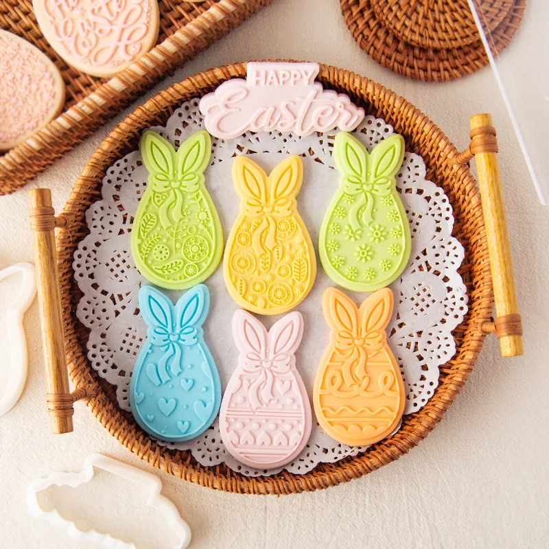 Easter Cute Bunny Egg Pattern Impression Mold Cartoon Fondant Biscuit Mold Rabbit Party Dessert DIY Decoration Baking Tools