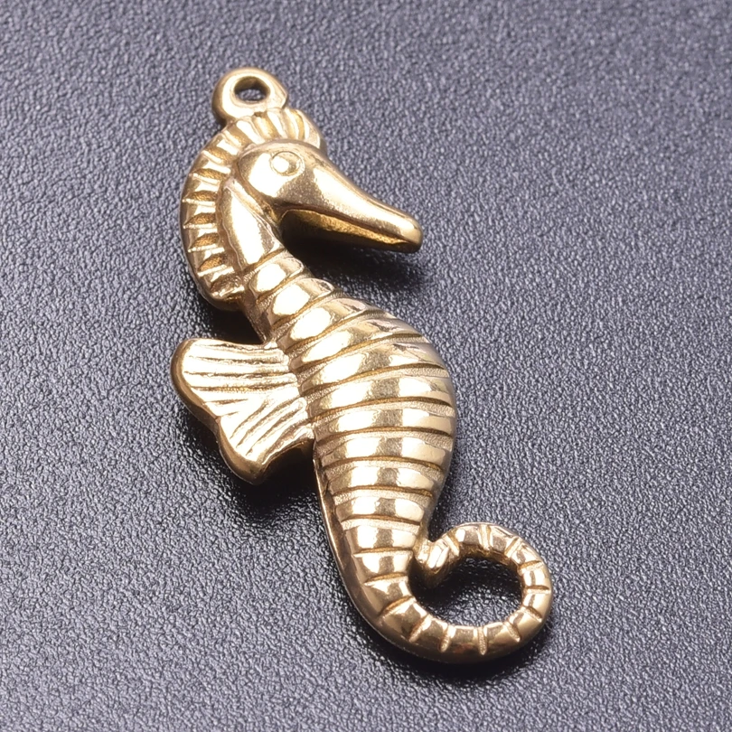 5pcs/Lot Marine Animals Charm Shell Fish Tail Hippocampus Japonicus Stainless Steel Pendants For Jewelry Making Bulk Gold Color
