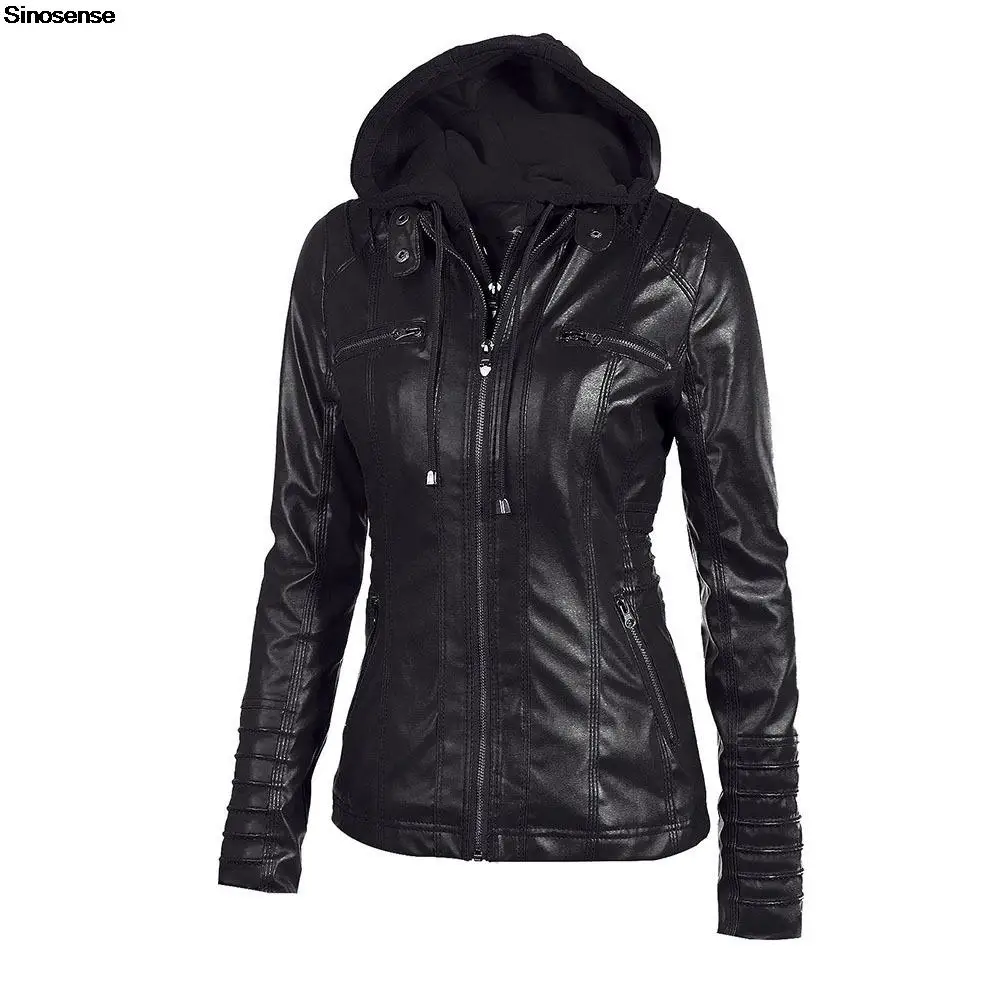 

Women's Removable Hooded Faux Leather Jackets Zip Up Motorcycle PU Moto Biker Short Coat Jacket Outwear Fitted Slim Coats 7XL