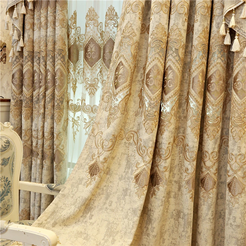 European and American luxury high quality elegant beige chenille embroidered blackout curtains for living room windows bedroom 