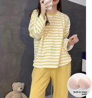 Women's Spwear with Chest Pad Thin Long Sve Striped Home Clothes Two-Piece Set Spring Autumn Winter New Arrival - Image 2