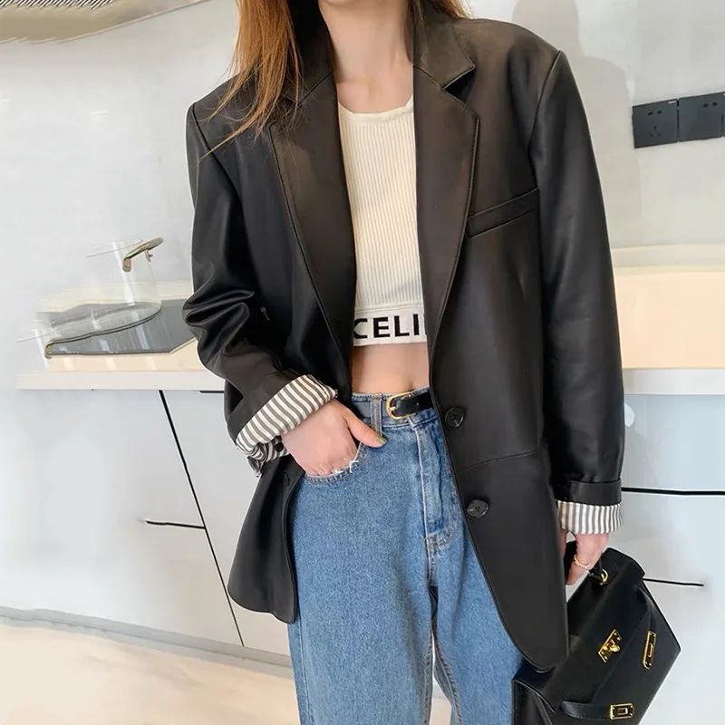 

2024 Spring And Autumn New Genuine Leather Sheepskin Coat Wide Edition Slimming Casual Stripe Cuffs Suit Style Suit Women