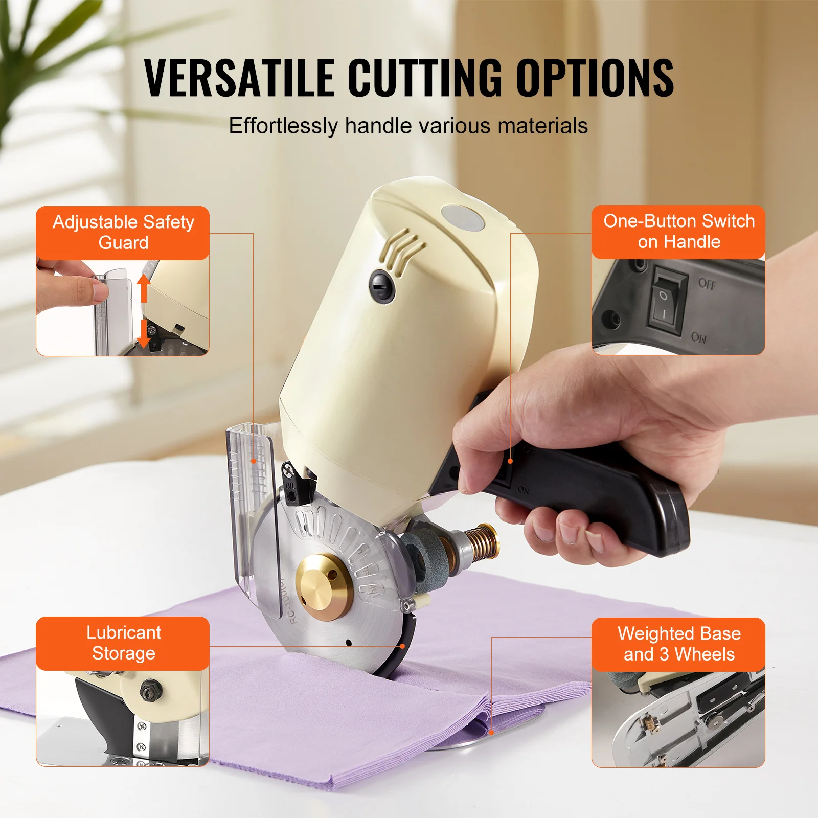 VEVOR 170W/250W Fabric Cutter Electric Rotary Fabric Cutting Machine 1“ / 1.1" Cutting Thickness Octagonal Knife with Blade 5
