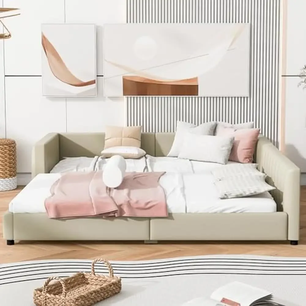 Dual Function Mother & Child Upholstered Platform Bed Set with Safety Guardrails Elegant PU Leather Design Queen Size & Twin XL 3