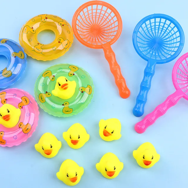 5Pcs/Set Kids Floating Bath Toys Mini Swimming Rings Rubber Yellow Ducks Fishing Net Washing Swimming Toddler Toys Water Fun 1