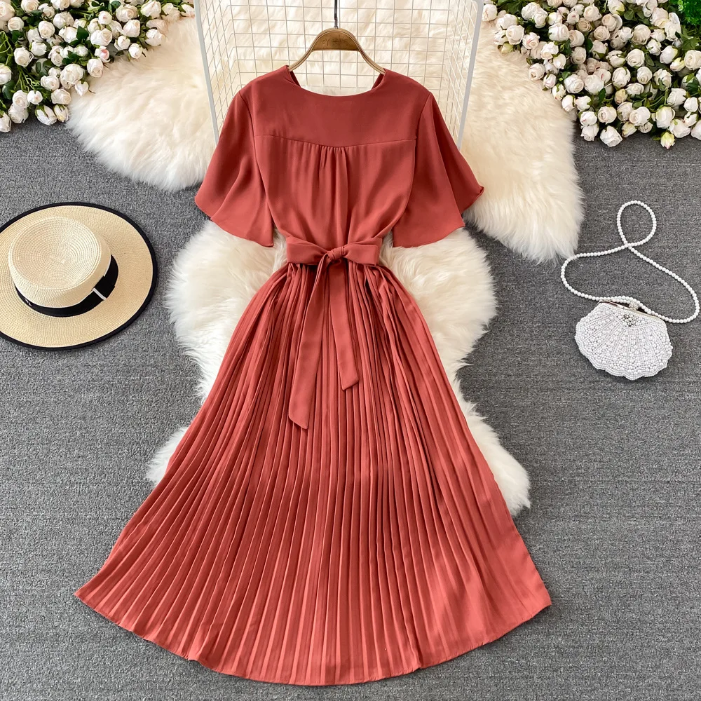 Women Elegant Pleated Dress Summer Short Sleeve V-neck Vintage Dresses Ladies A Line High Waisted Midi Dress