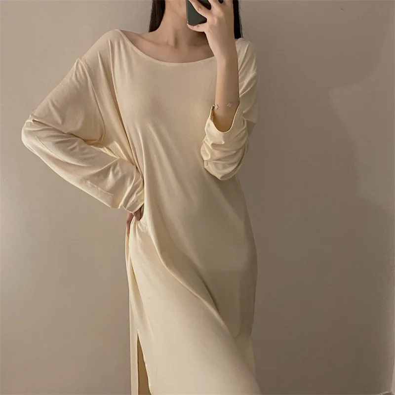 

Spring Summer Women Sexy Skinny Hollow Backless Nightgown Female Off-shoulder Solid Pajamas Casual Comfortable Simple Loungewear