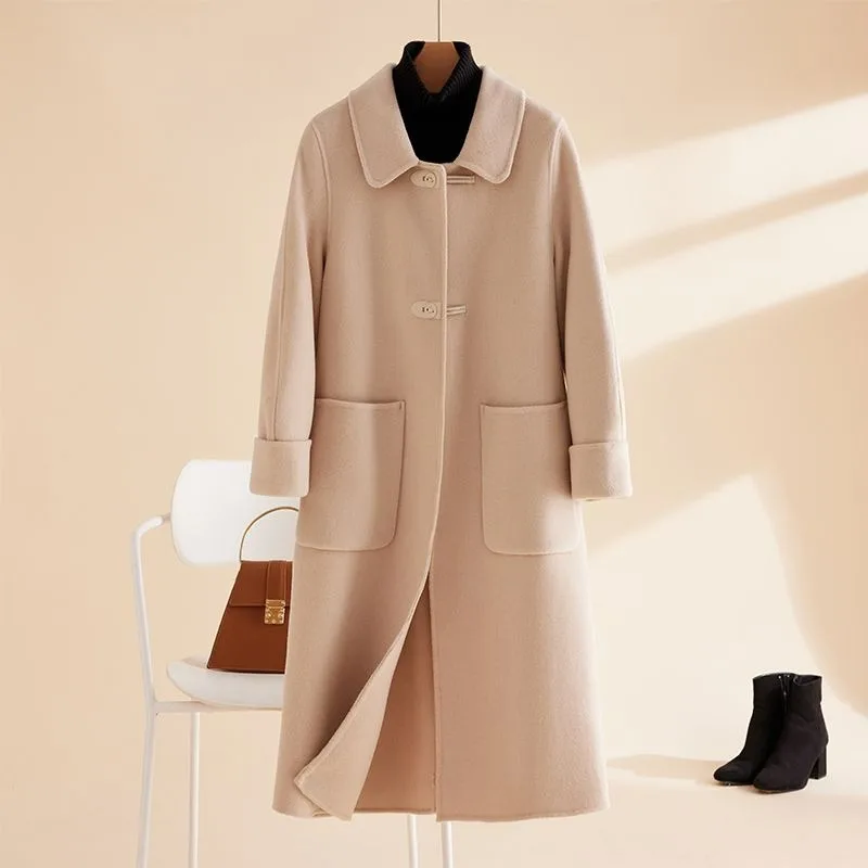 

Korean Style Women Reversible Cashmere Coat Fashion Solid Color Long Wool Overcoat Hepburn Style Niche Casual Woolen Outwear