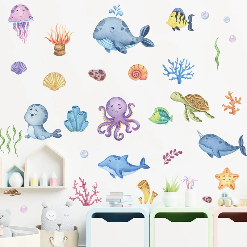 Sea octopus sea lion whale turtle wall stickers for children bedroom porch living room decoration wall stickers,self adhesive wall stickers