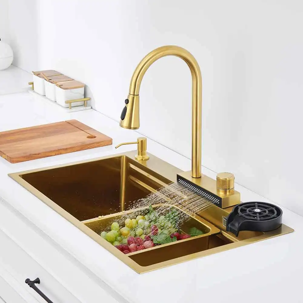 

gold kichen sink Waterfall faucet Nano sink 304 Stainless Steel Golden Topmount Single Bowl Wash Basin with chopping board