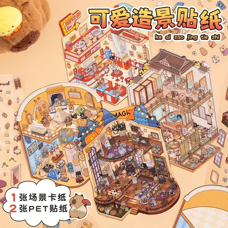 Cartoon Penguin Capybara Landscape Sticker 3D Miniature Scene DIY Pocket Cabin Scene Stacking Pasting Sticker Gift for Kid Child cartoon stickers cartoon sticker