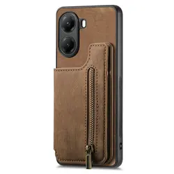 Elegant Zipper Wallet Leather Phone Case with Magnetic Closure for Poco F9 Pro (Brown)