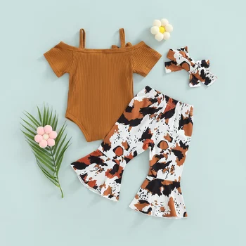 0-24M Newborn Infant Baby Girl 3Pcs Summer Clothing Short Sleeve Solid Bodysuit Top Flared Long Pants 6