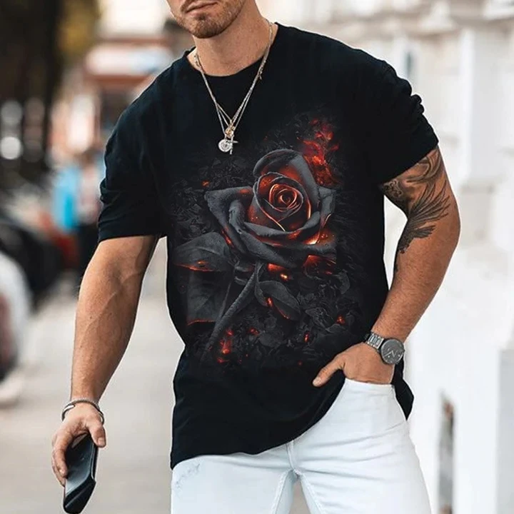 

2023 Summer Men's Printed Casual Crew Neck Short Sleeve T-Shirt Flower 3D Printed T Shirt