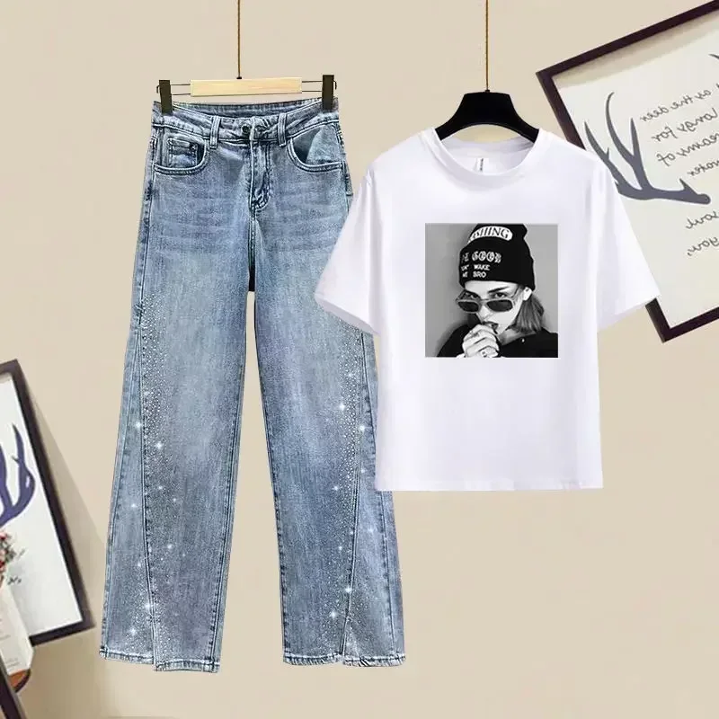 

Женский джинсовый костюм с широкими штанинами, повседневная облегающая футболка с коротким рукавом и принтом в Корейском стиле, комплект из двух предметов, весна-лето 2024