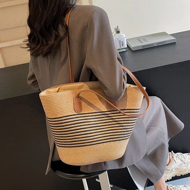 Women Woven Summer Daily Bag Shoulder Bag with Zipper Stripe Large