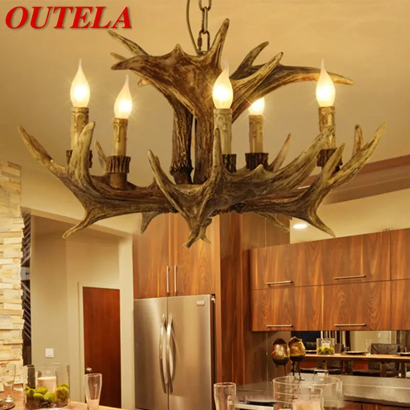 

OUTELA Modern Antler Chandelier Light LED Creative Retro Resin Pendant Lamp Fixtures for Home Living Dining Room Bar Cafe