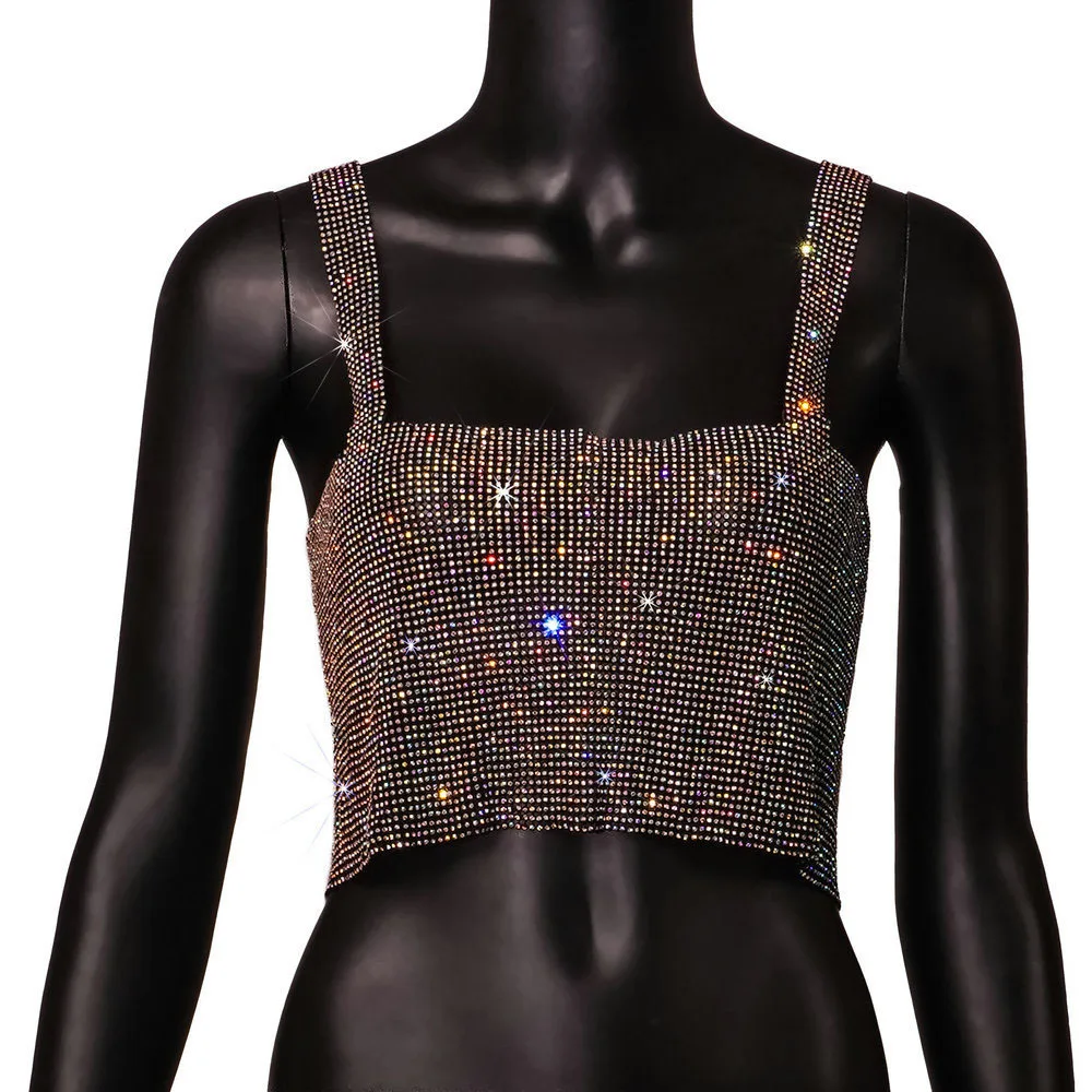 Camiseta sin mangas de malla metálica con diamantes de imitación para mujer, top corto con cadena hueca en la espalda, chaleco sexy para playa y fiesta en club.