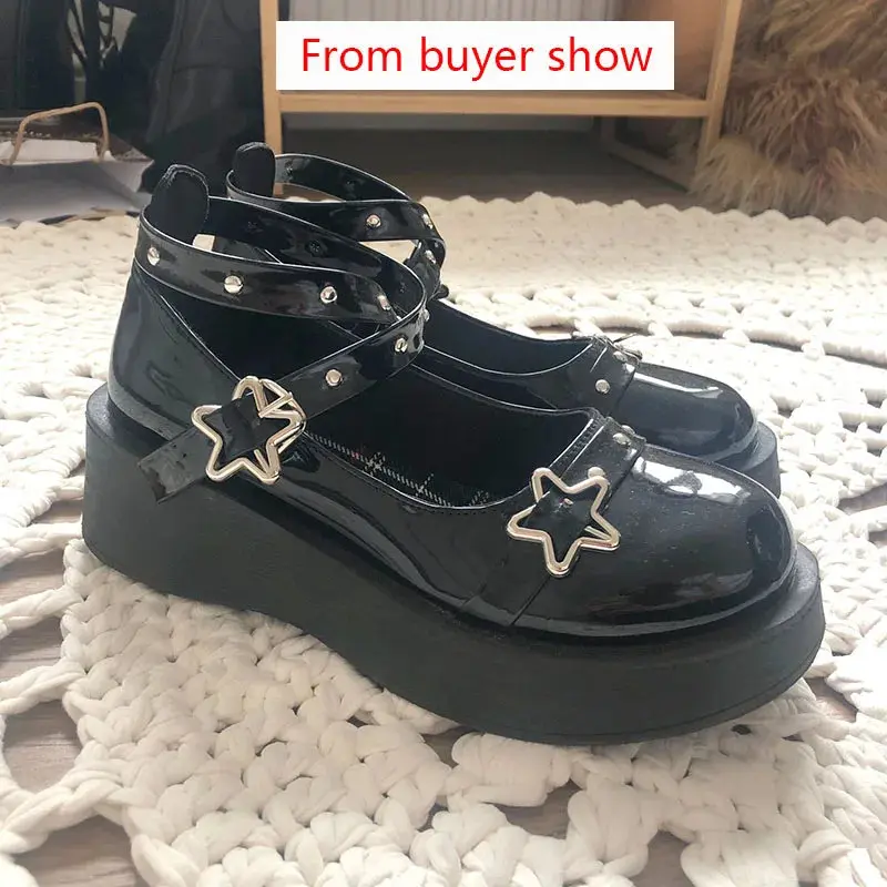 Lolita shoes Women heels platform mary janes Star Buckle Strap Cross-tied Girls Rivet Casual kawaii shoes lolita shoes