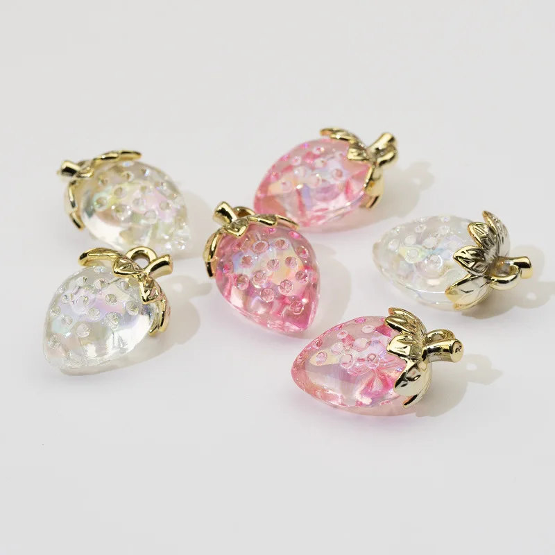 Transparent Strawberry Pendant Plated Fruit Pendant Mobile Phone Chain Popular Keychain Material DIY Jewelry Accessories 2pcs