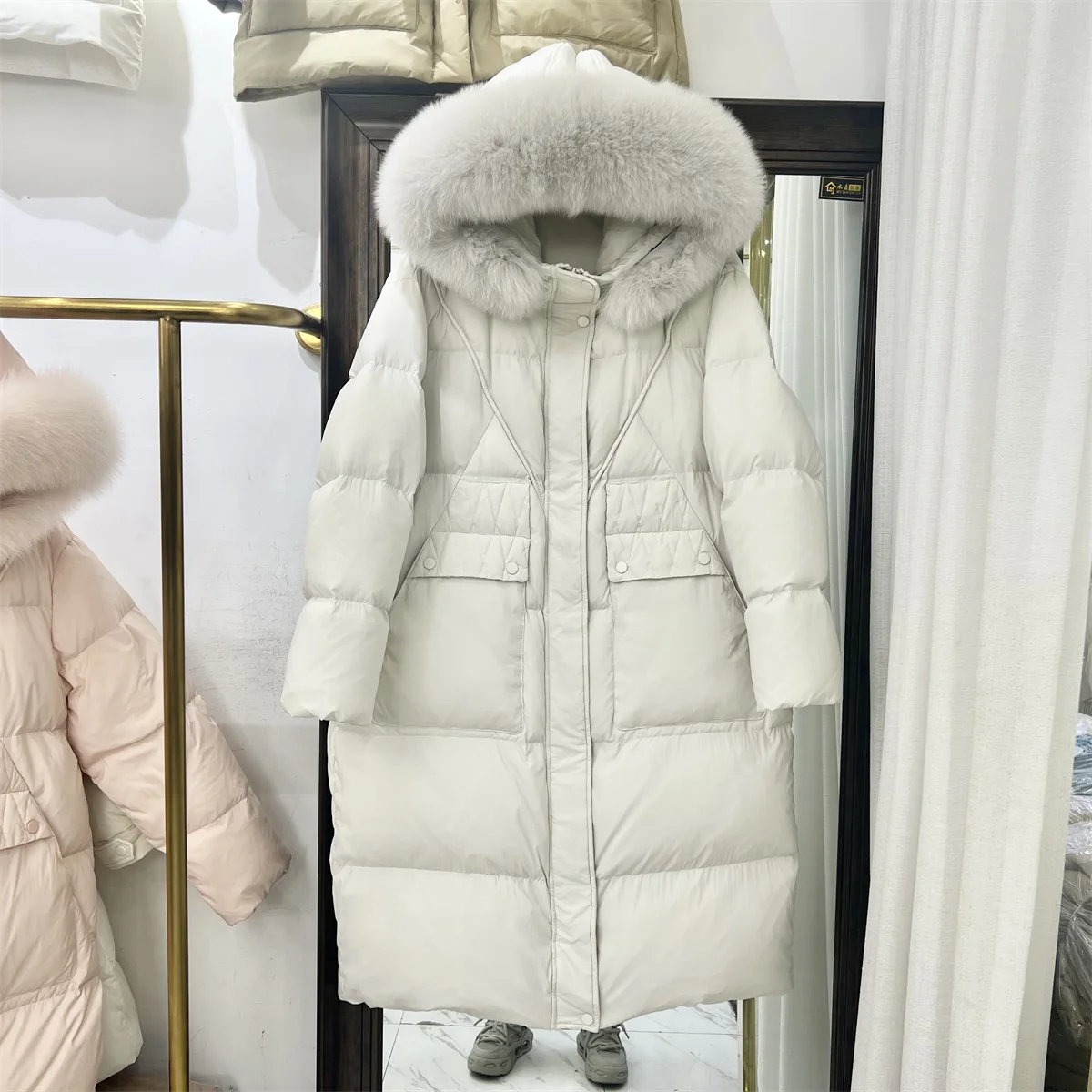 Mid-Length Over The Knee Hood Big Fur Collar White Duck Down Coat Female 2023 Winter New Thick Loose Puffer Jacket Women