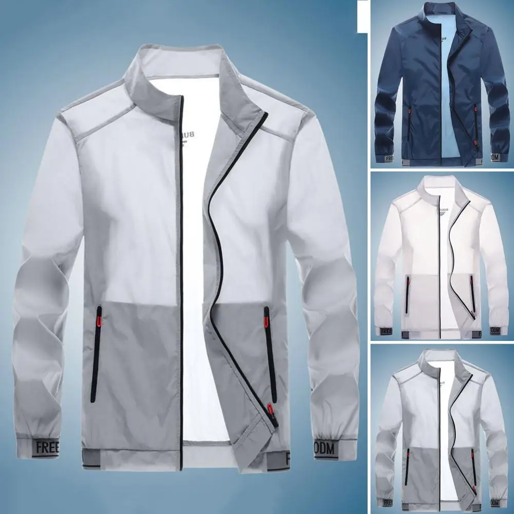 

Chic Summer Outdoor Jacket Stretchy Hem Zip Up Stand Collar Sunshade Stretchy Hem Men Sunscreen Jacket