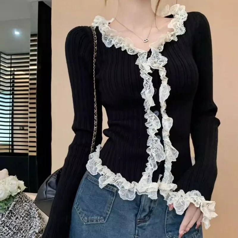 

Deeptown Y2k Lace Knitted Sweater Women Korean Fashion O Neck Black Cardigan Vintage Elegant Aesthetic Button Up Jumper Harajuku