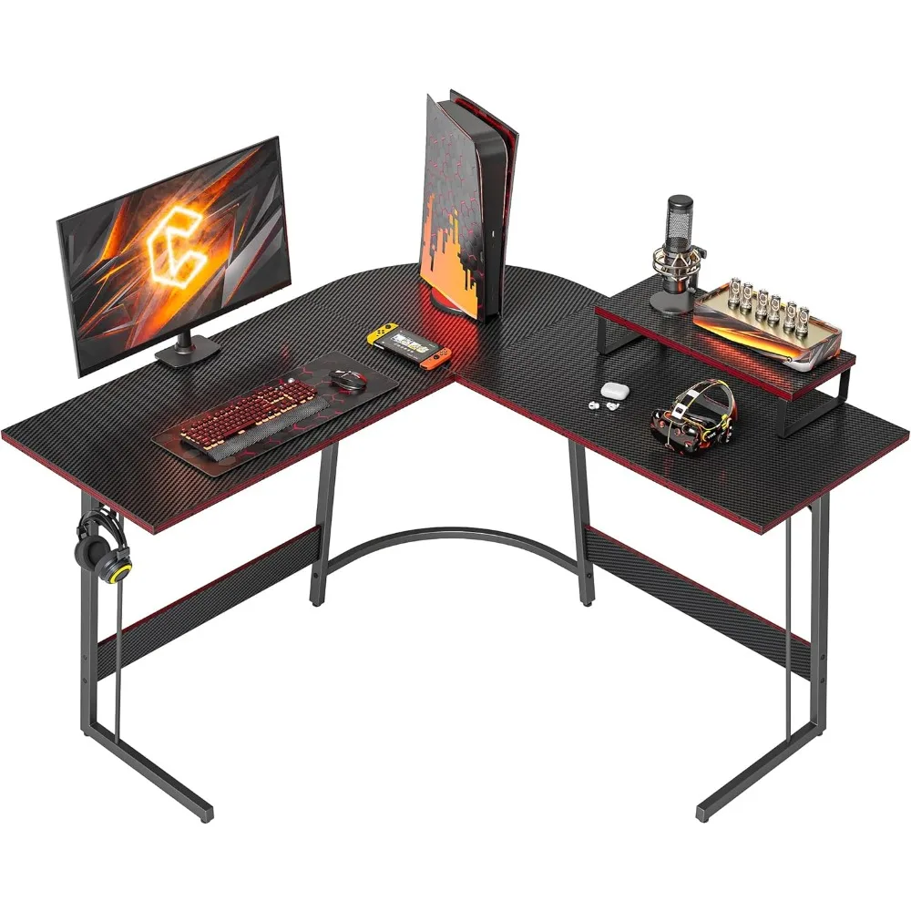 CubiCubi L Shaped Gaming Desk Computer Office Desk with Carbon Fiber Surface, 47 inch Corner Desk with Large Monitor Stand external hd tv box digital computer program receiver tuner with speaker support crt lcd monitor video cable for tv computer