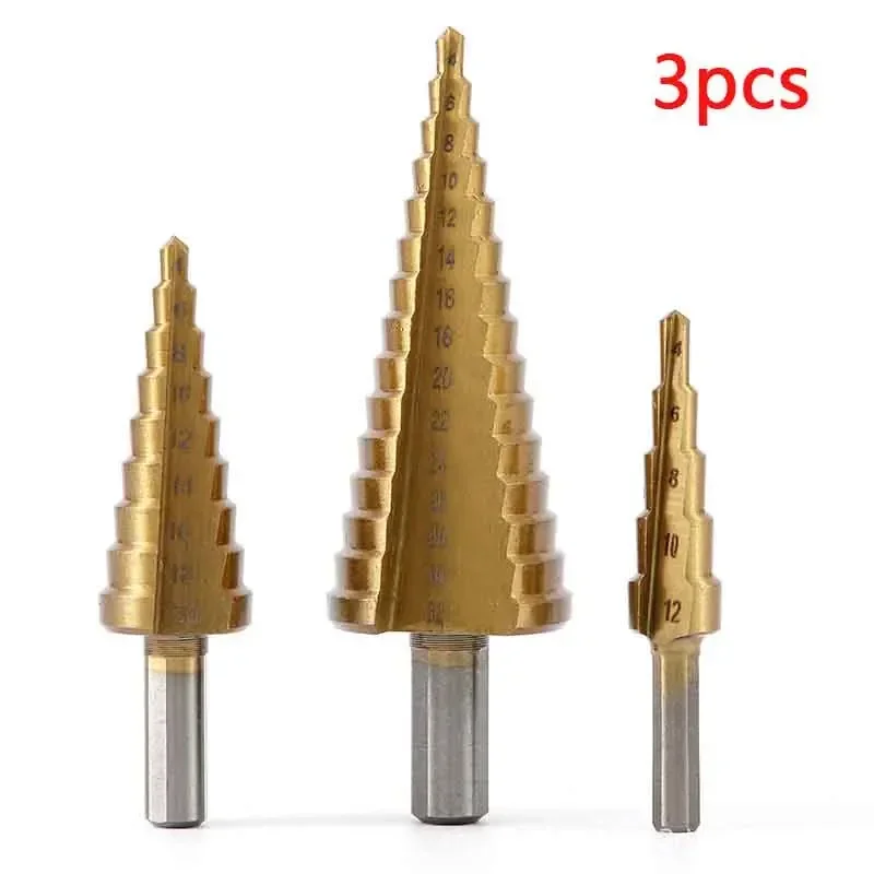 

HSS Titanium Coated Stepped Drill Bit Set For Metal High Speed Steel Drilling 4-12/20/32mm Power Tools Metal Conical Drill Bit