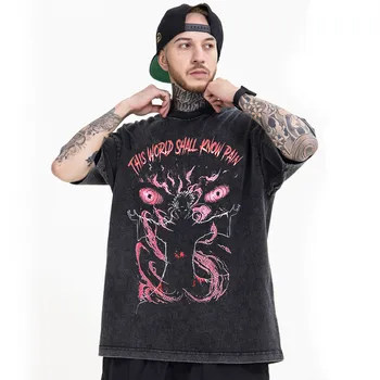 black source Anime Pain Printed T Shirt Men Retro Washed 100% Cotton Tops Tees Harajuku Tshirt Streetwear Hip Hop Male T-shirts 3