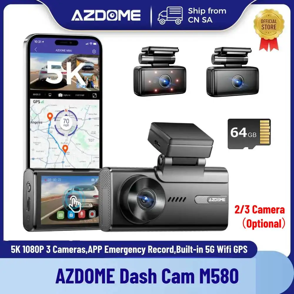 AZDOME M580 Car DVR 5K Dash Cam GPS 3 Cameras 1080P Cabin Rear WiFi Free APP Emergency Record Parking Monitor Loop Recording