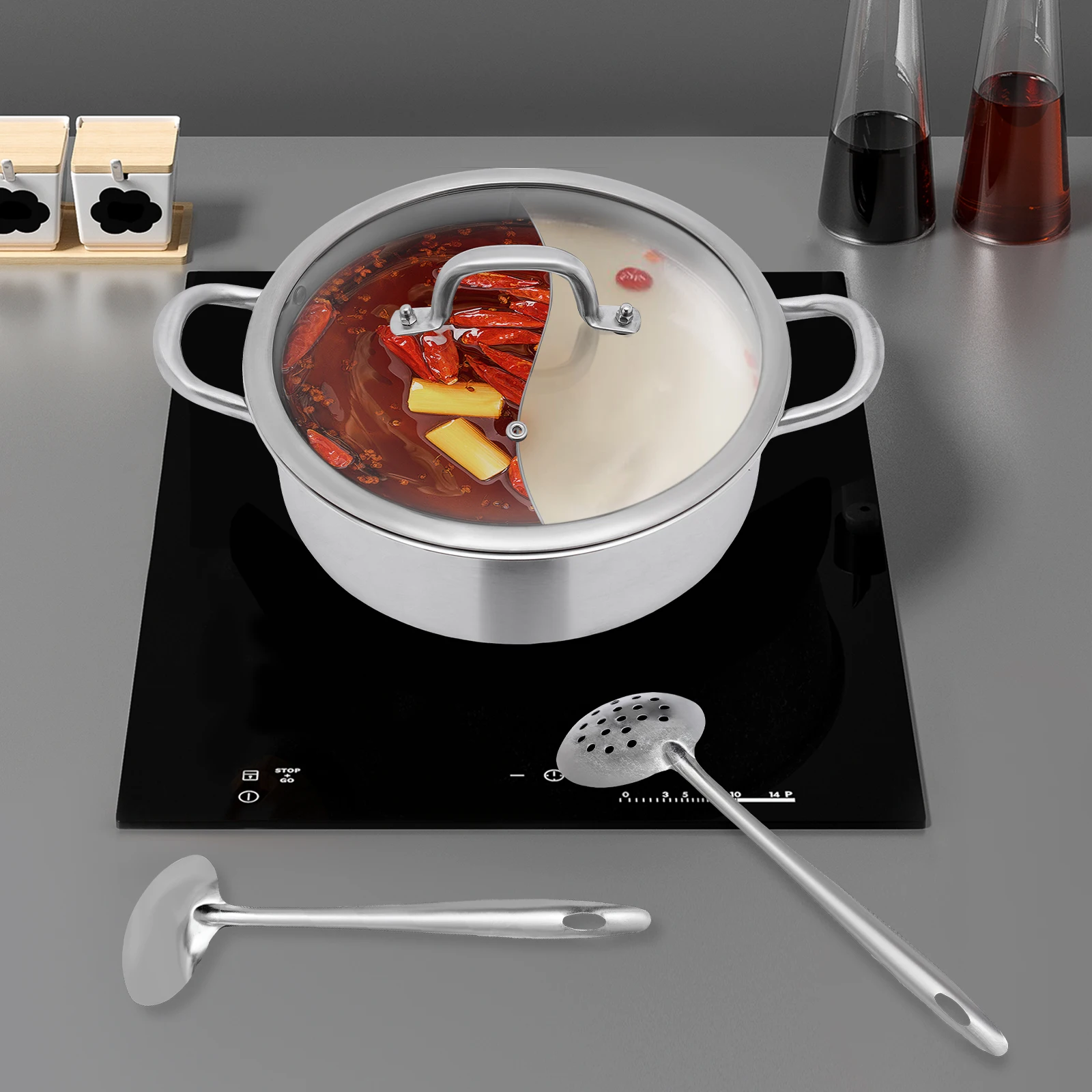 26cm Divided Hot Pots Stainless Steel Fondue Induction Shabu Shabu Pot with Divider Double-flavor Hot Pot Cooking for Kitchen
