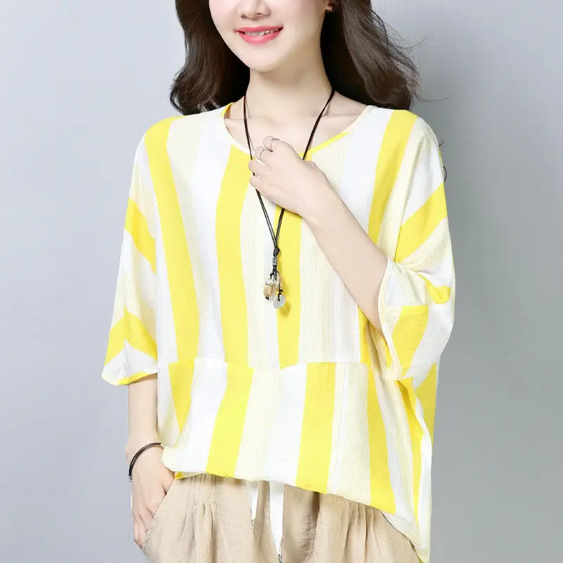 Fashion Printed O-Neck Spliced Striped Blouse Women's Clothing 2023 Summer New Casual Pullovers Loose Batwing Sleeve Shirt
