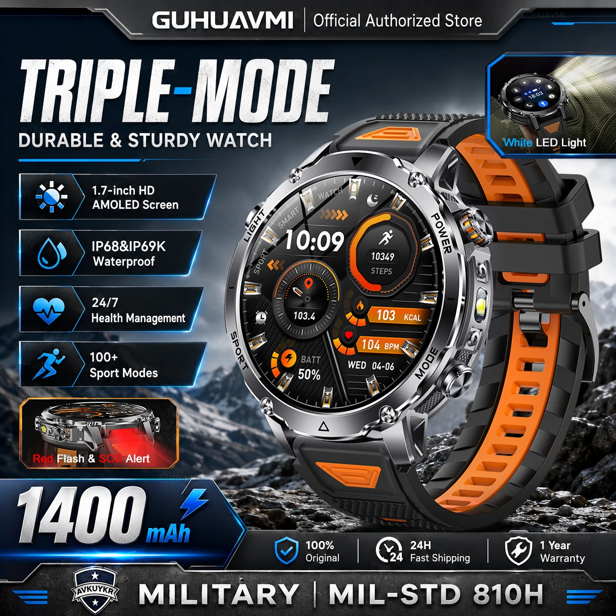 Outdoor Smart Watch for Men with 1400mAh Battery, GPS, Flashlight, 1.7 AMOLED Display, Bluetooth Calling, and Waterproof Design