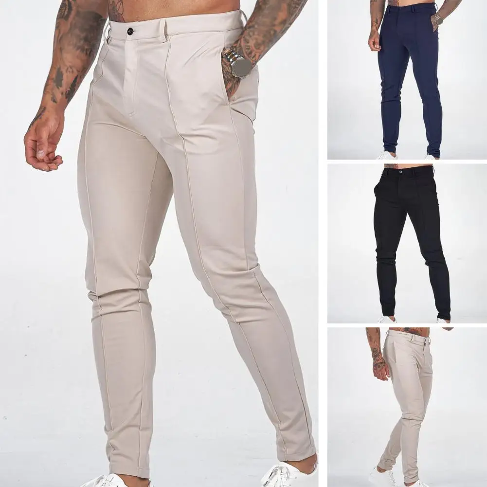 Adjustable Waist Pants Men Solid Color Pants Men Trousers Stylish Men's Slim Fit Business Trousers Breathable Soft Thin Fabric with Ankle