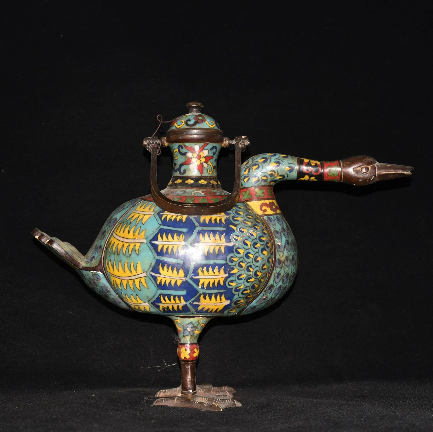 

15"Tibetan Temple Collection Old Bronze Cloisonne Enamel Duck shape Kettle Teapot Flagon Gather fortune ornament Town house