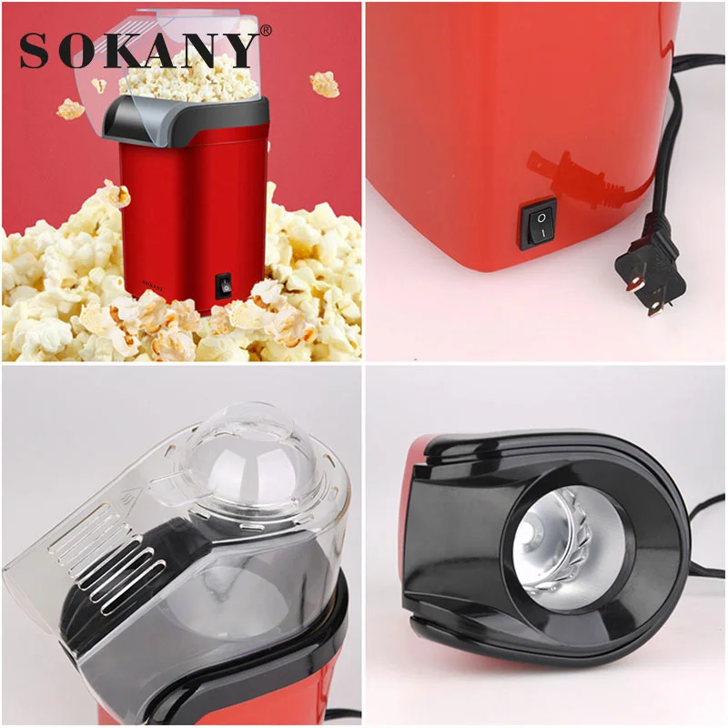 1 Sokany Plug 1200W Home Popcorn Machine With Simple Operation, Button Switch, Transparent Cover, Hollow Design