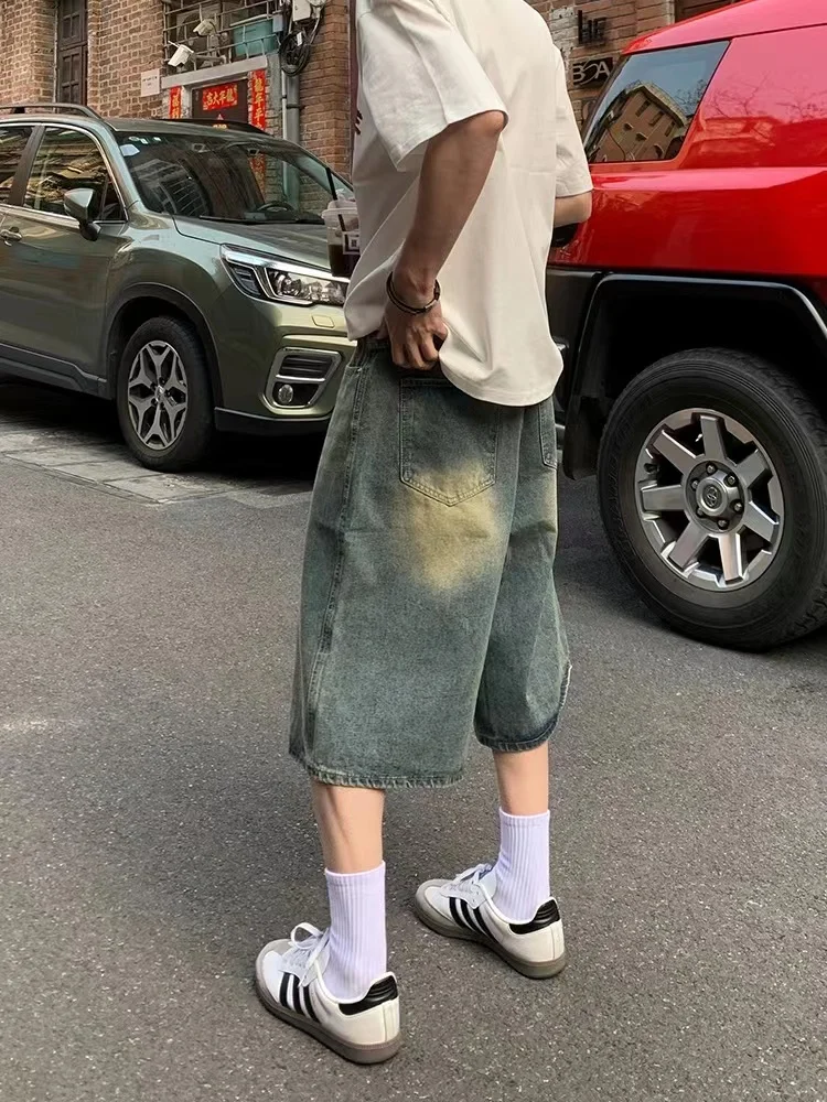ADAgirl Vintage Wide Leg Denim Shorts Women Harajuku Fashion Oversize Low Waist Do Old Summer Pants Y2k Causal Knee Length Jeans