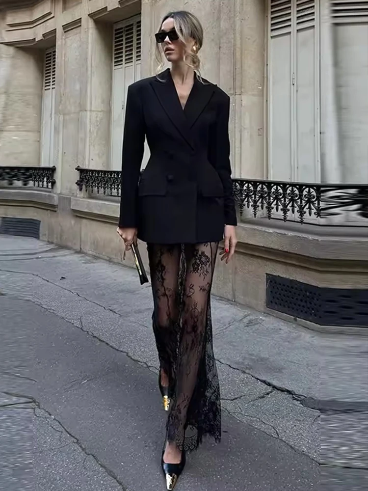 2025 Elegant Blazer Skirt Sets Women Two Piece Double Breasted Jacket Lace See Through Trousers Suits New Party Gown Set